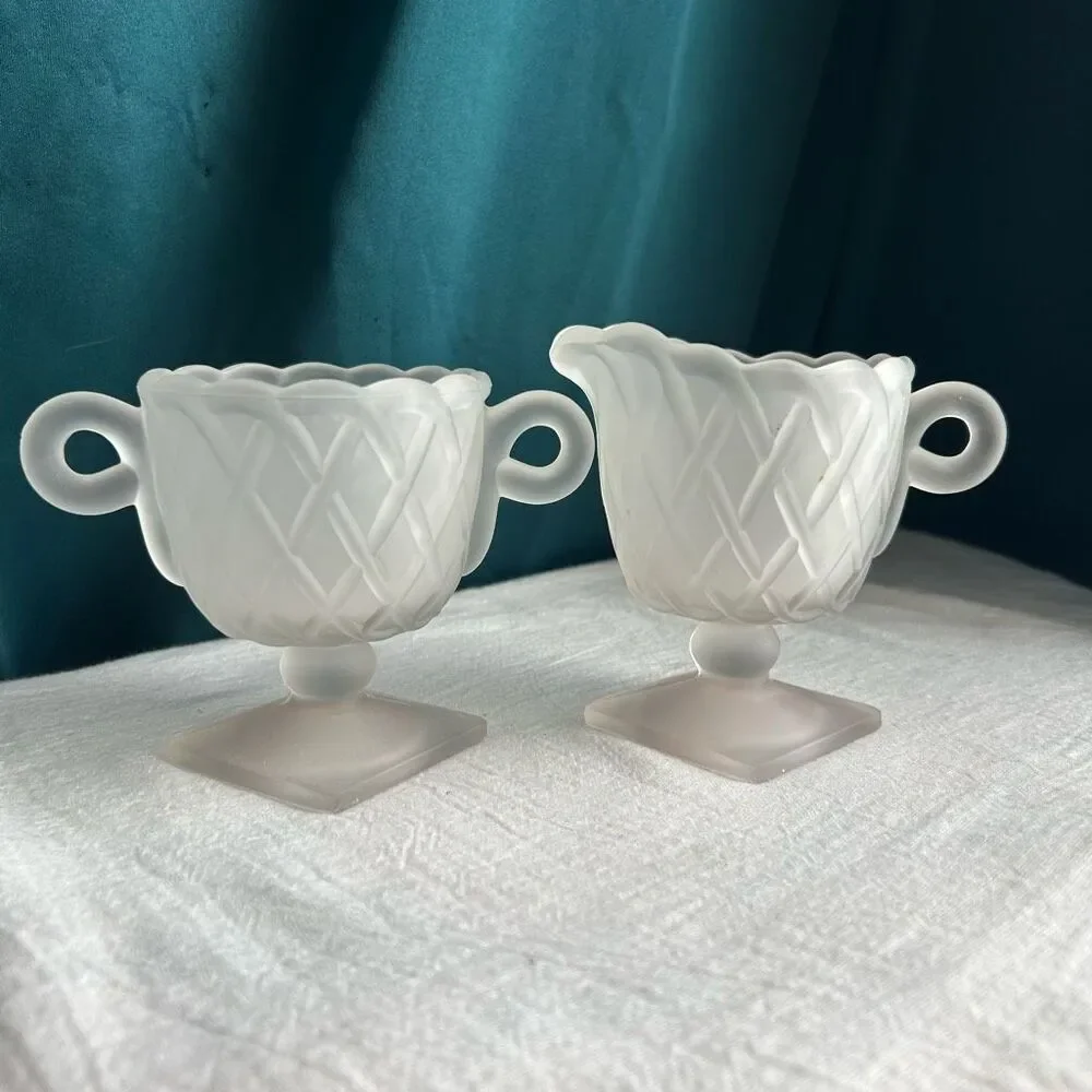 Indiana Glass Frosted Pretzel Pattern Creamer and Sugar Set